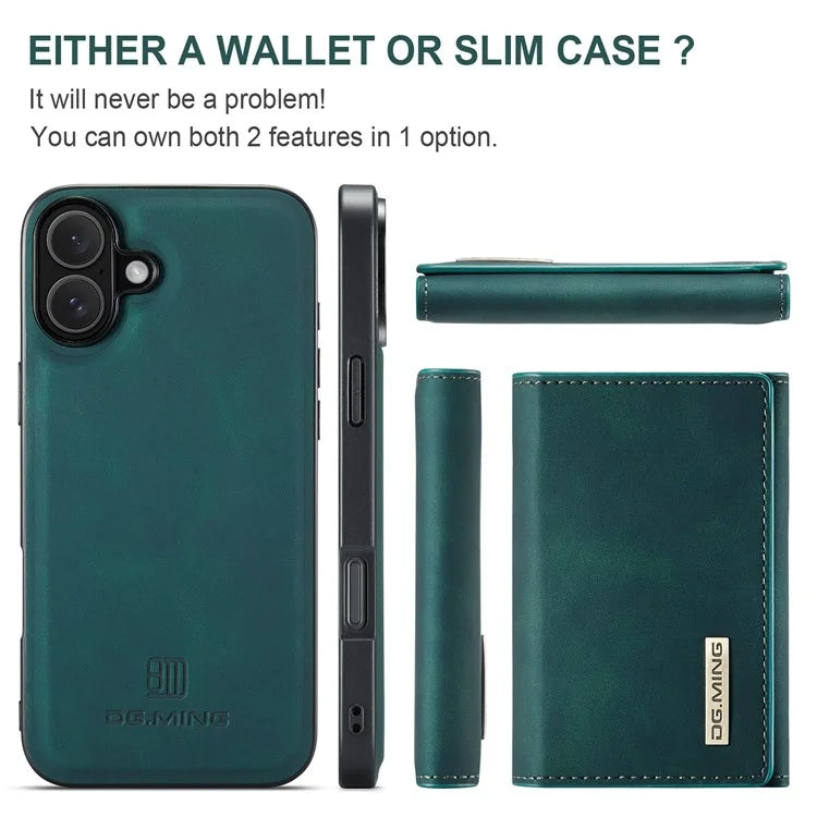 DG.MING M1 Series for iPhone 16 Plus Case Kickstand PU Phone Cover with Detachable Wallet