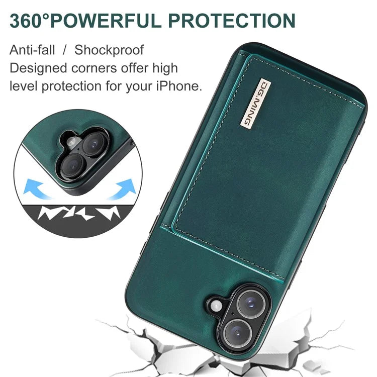 DG.MING M1 Series for iPhone 16 Plus Case Kickstand PU Phone Cover with Detachable Wallet