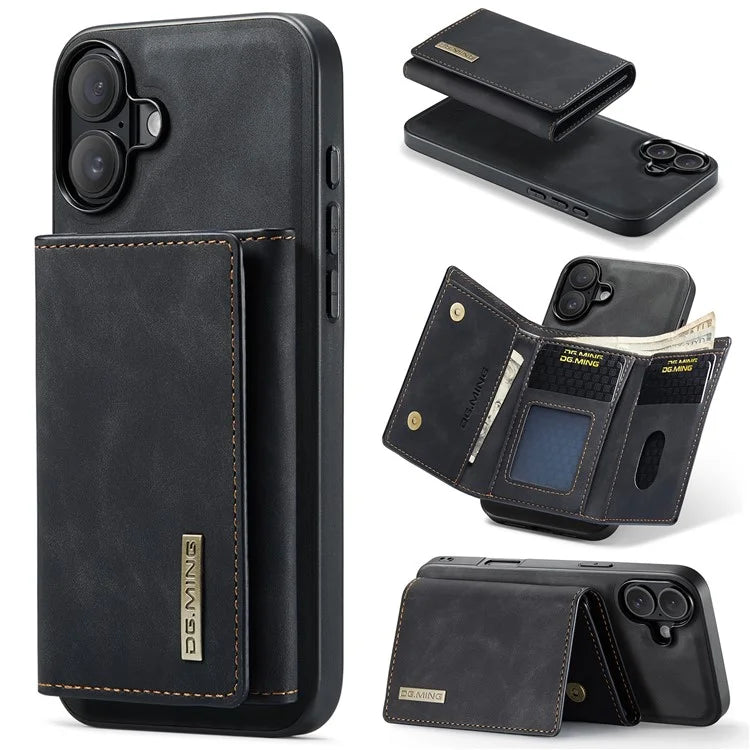 DG.MING M1 Series for iPhone 16 Plus Case Kickstand PU Phone Cover with Detachable Wallet