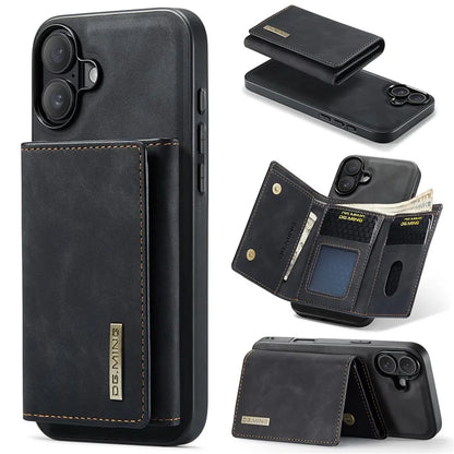 DG.MING M1 Series for iPhone 16 Plus Case Kickstand PU Phone Cover with Detachable Wallet