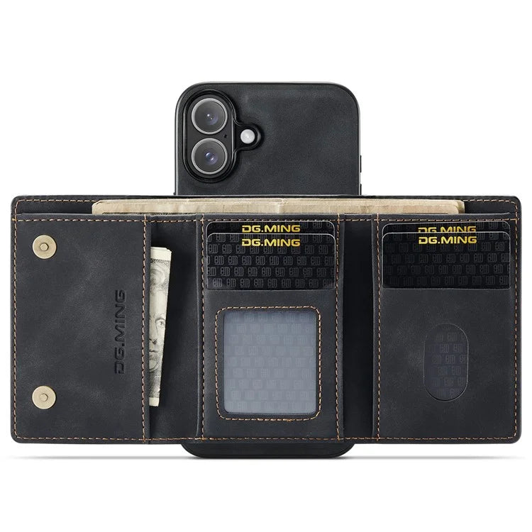 DG.MING M1 Series for iPhone 16 Plus Case Kickstand PU Phone Cover with Detachable Wallet