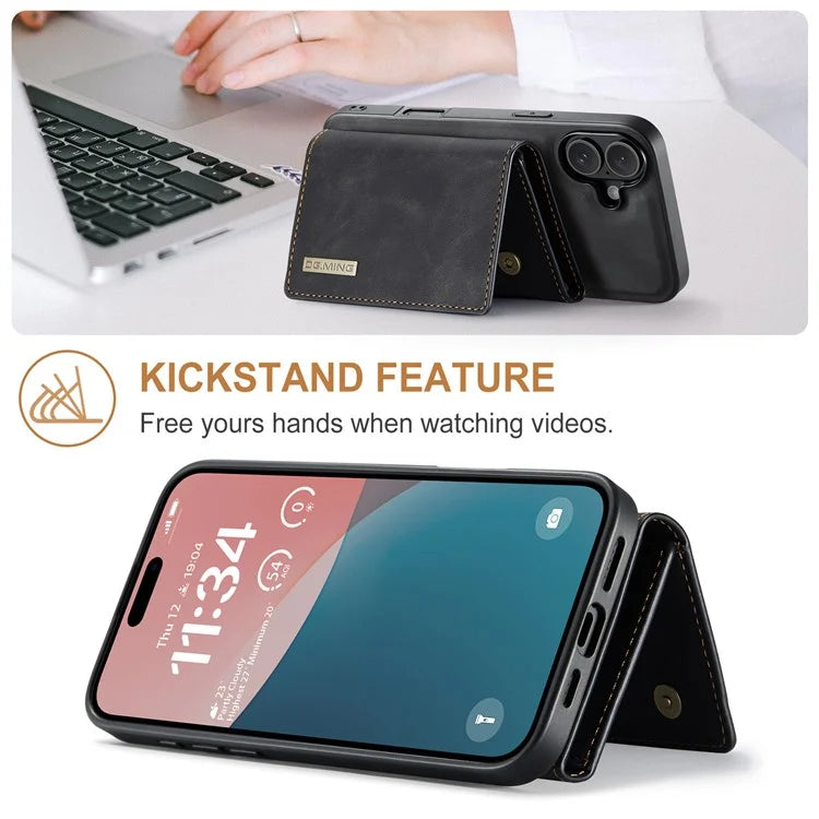 DG.MING M1 Series for iPhone 16 Plus Case Kickstand PU Phone Cover with Detachable Wallet