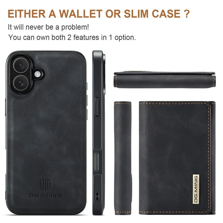 DG.MING M1 Series for iPhone 16 Plus Case Kickstand PU Phone Cover with Detachable Wallet