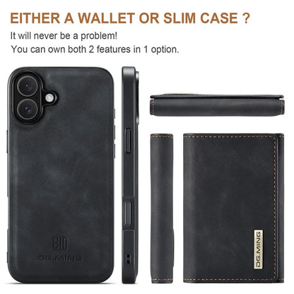 DG.MING M1 Series for iPhone 16 Plus Case Kickstand PU Phone Cover with Detachable Wallet