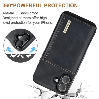 DG.MING M1 Series for iPhone 16 Plus Case Kickstand PU Phone Cover with Detachable Wallet