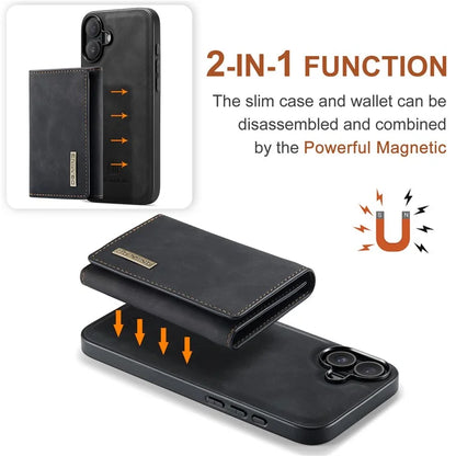 DG.MING M1 Series for iPhone 16 Plus Case Kickstand PU Phone Cover with Detachable Wallet