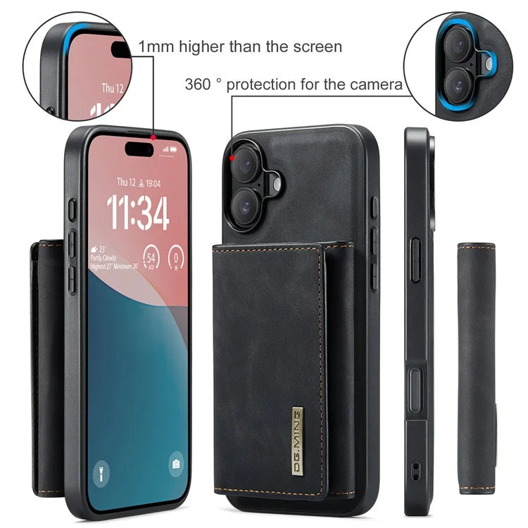 DG.MING M1 Series for iPhone 16 Plus Case Kickstand PU Phone Cover with Detachable Wallet