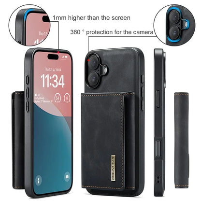 DG.MING M1 Series for iPhone 16 Plus Case Kickstand PU Phone Cover with Detachable Wallet