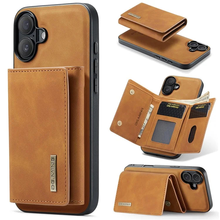 DG.MING M1 Series for iPhone 16 Plus Case Kickstand PU Phone Cover with Detachable Wallet
