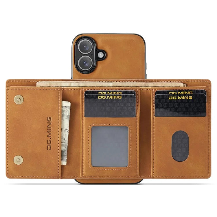 DG.MING M1 Series for iPhone 16 Plus Case Kickstand PU Phone Cover with Detachable Wallet