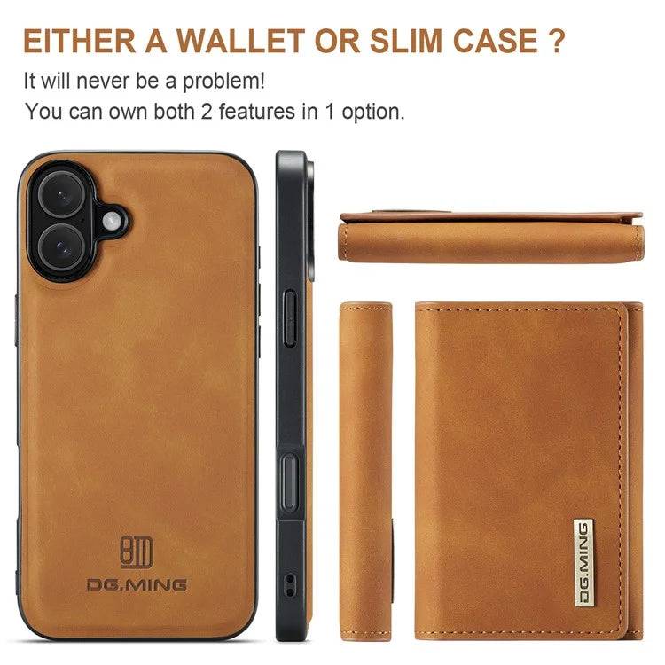 DG.MING M1 Series for iPhone 16 Plus Case Kickstand PU Phone Cover with Detachable Wallet