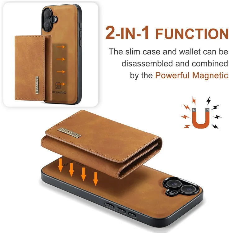 DG.MING M1 Series for iPhone 16 Plus Case Kickstand PU Phone Cover with Detachable Wallet