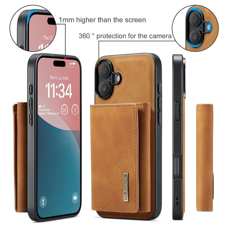 DG.MING M1 Series for iPhone 16 Plus Case Kickstand PU Phone Cover with Detachable Wallet