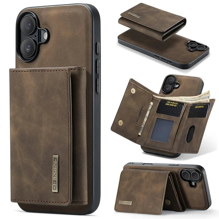 DG.MING M1 Series for iPhone 16 Plus Case Kickstand PU Phone Cover with Detachable Wallet