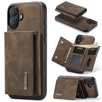 DG.MING M1 Series for iPhone 16 Plus Case Kickstand PU Phone Cover with Detachable Wallet
