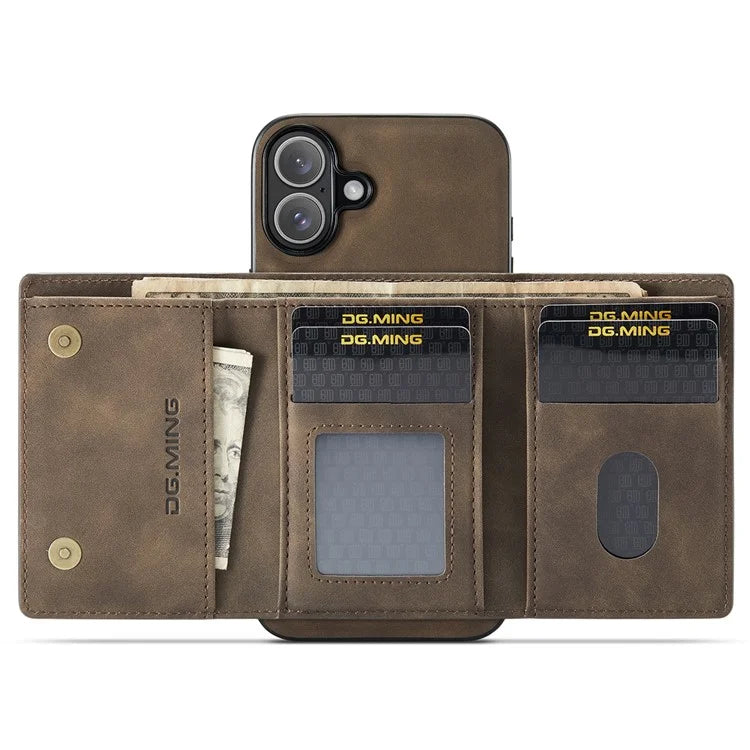 DG.MING M1 Series for iPhone 16 Plus Case Kickstand PU Phone Cover with Detachable Wallet
