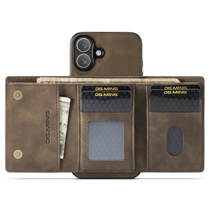 DG.MING M1 Series for iPhone 16 Plus Case Kickstand PU Phone Cover with Detachable Wallet