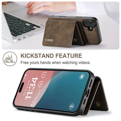 DG.MING M1 Series for iPhone 16 Plus Case Kickstand PU Phone Cover with Detachable Wallet