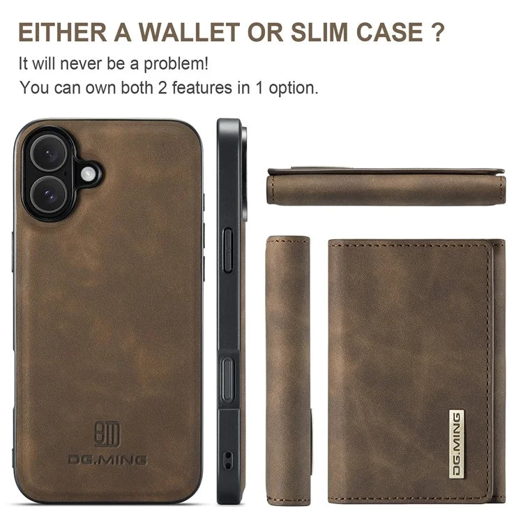DG.MING M1 Series for iPhone 16 Plus Case Kickstand PU Phone Cover with Detachable Wallet
