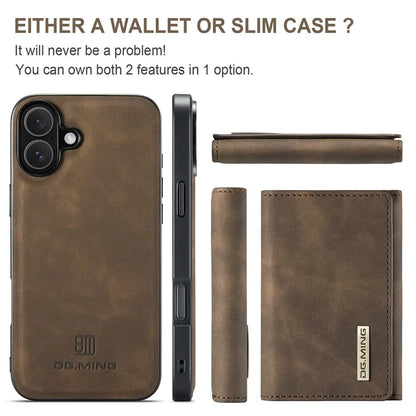 DG.MING M1 Series for iPhone 16 Plus Case Kickstand PU Phone Cover with Detachable Wallet