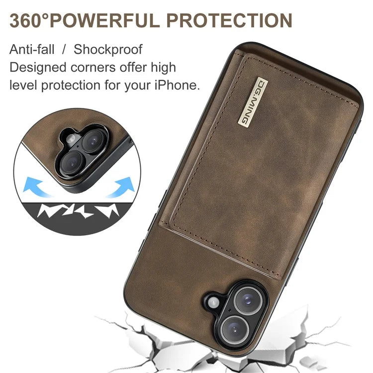 DG.MING M1 Series for iPhone 16 Plus Case Kickstand PU Phone Cover with Detachable Wallet