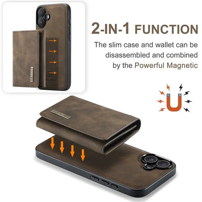 DG.MING M1 Series for iPhone 16 Plus Case Kickstand PU Phone Cover with Detachable Wallet