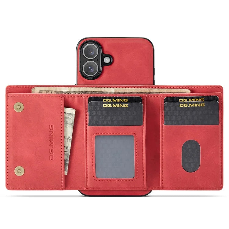 DG.MING M1 Series for iPhone 16 Plus Case Kickstand PU Phone Cover with Detachable Wallet