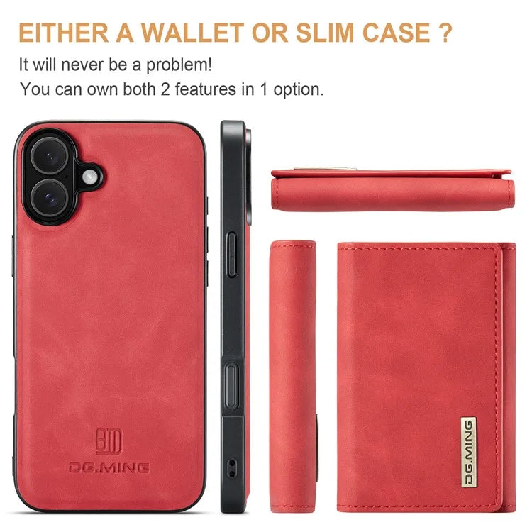 DG.MING M1 Series for iPhone 16 Plus Case Kickstand PU Phone Cover with Detachable Wallet