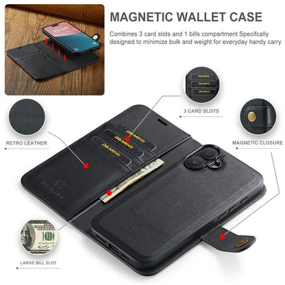 DG.MING for iPhone 16 Plus Case Detachable Split Leather Phone Cover