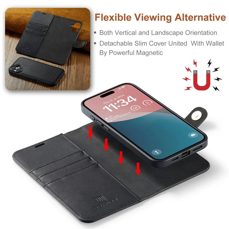 DG.MING for iPhone 16 Plus Case Detachable Split Leather Phone Cover