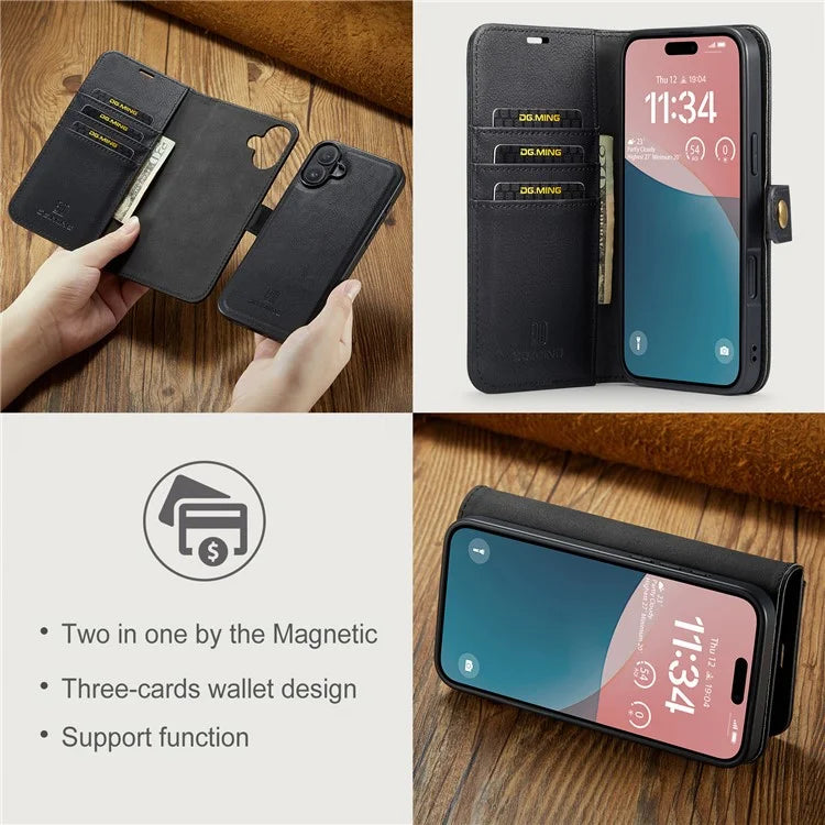 DG.MING for iPhone 16 Plus Case Detachable Split Leather Phone Cover