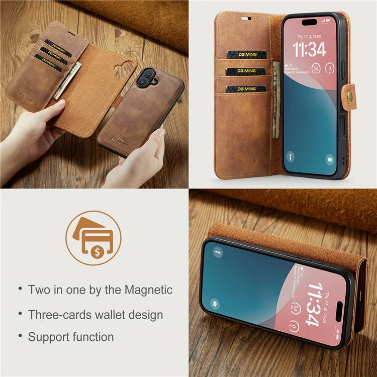 DG.MING for iPhone 16 Plus Case Detachable Split Leather Phone Cover