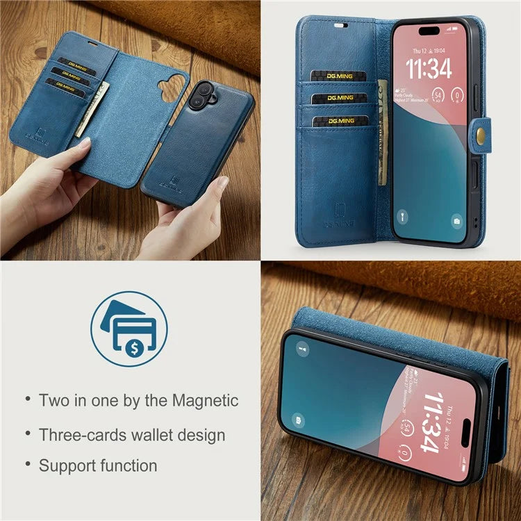 DG.MING for iPhone 16 Plus Case Detachable Split Leather Phone Cover