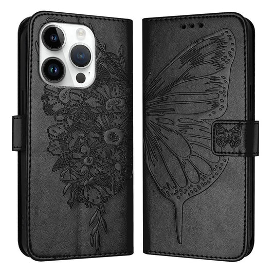 YB Imprinting Series-4 For iPhone 16 Pro Max Case Butterfly Flower Flip Wallet Leather Phone Cover
