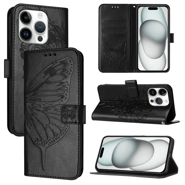 YB Imprinting Series-4 For iPhone 16 Pro Max Case Butterfly Flower Flip Wallet Leather Phone Cover