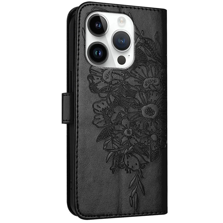 YB Imprinting Series-4 For iPhone 16 Pro Max Case Butterfly Flower Flip Wallet Leather Phone Cover