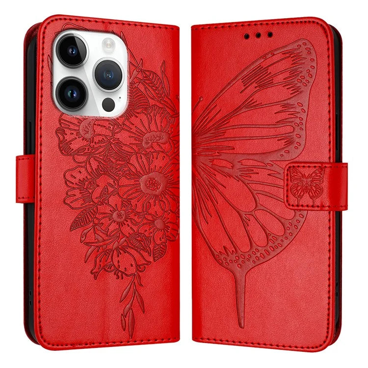 YB Imprinting Series-4 For iPhone 16 Pro Max Case Butterfly Flower Flip Wallet Leather Phone Cover