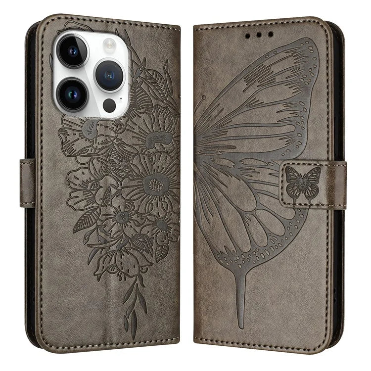 YB Imprinting Series-4 For iPhone 16 Pro Max Case Butterfly Flower Flip Wallet Leather Phone Cover