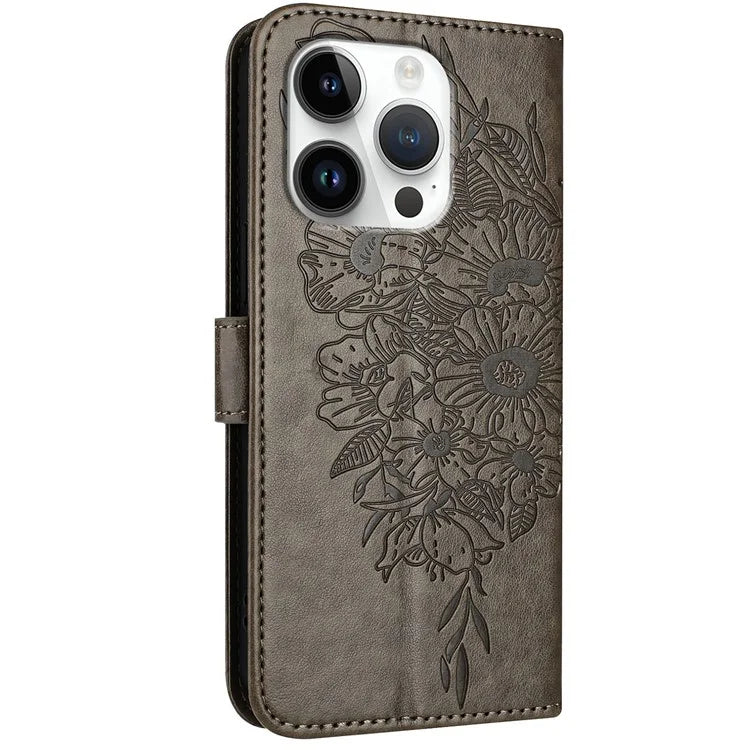 YB Imprinting Series-4 For iPhone 16 Pro Max Case Butterfly Flower Flip Wallet Leather Phone Cover