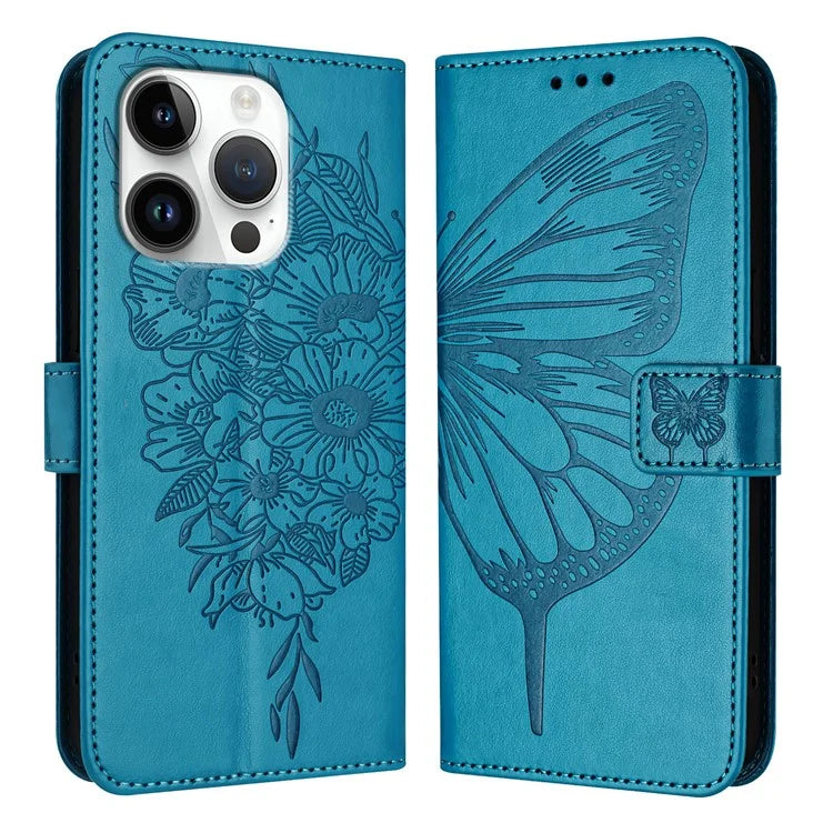 YB Imprinting Series-4 For iPhone 16 Pro Max Case Butterfly Flower Flip Wallet Leather Phone Cover