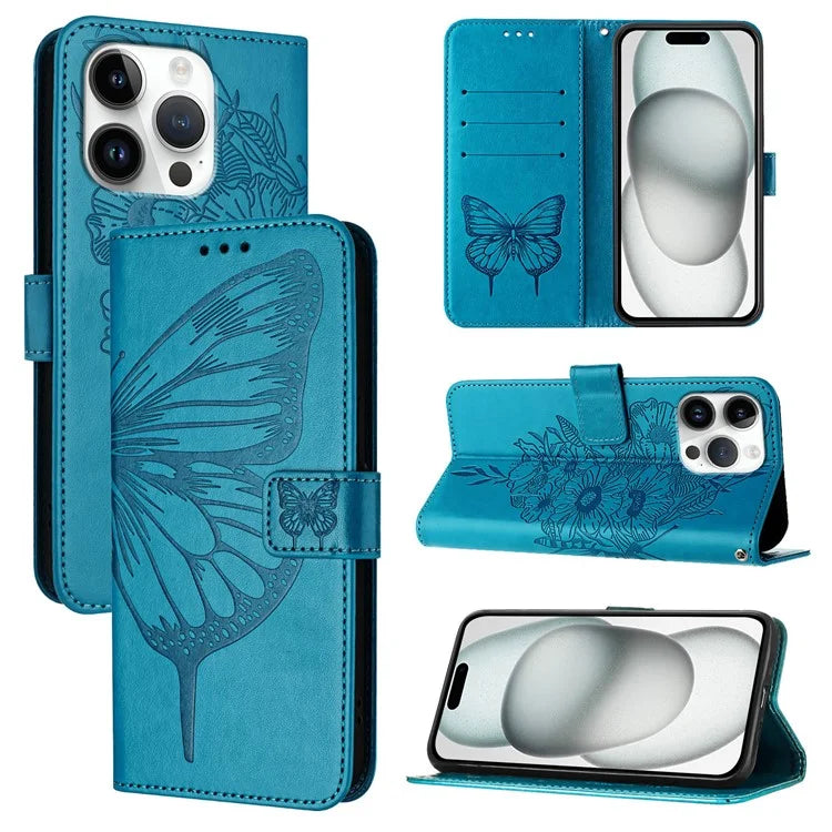 YB Imprinting Series-4 For iPhone 16 Pro Max Case Butterfly Flower Flip Wallet Leather Phone Cover