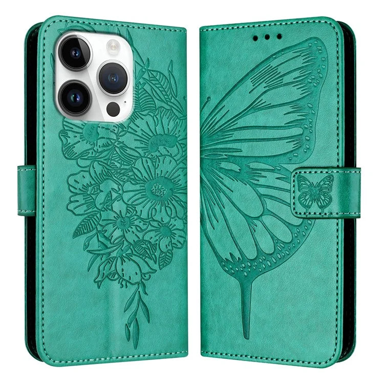 YB Imprinting Series-4 For iPhone 16 Pro Max Case Butterfly Flower Flip Wallet Leather Phone Cover