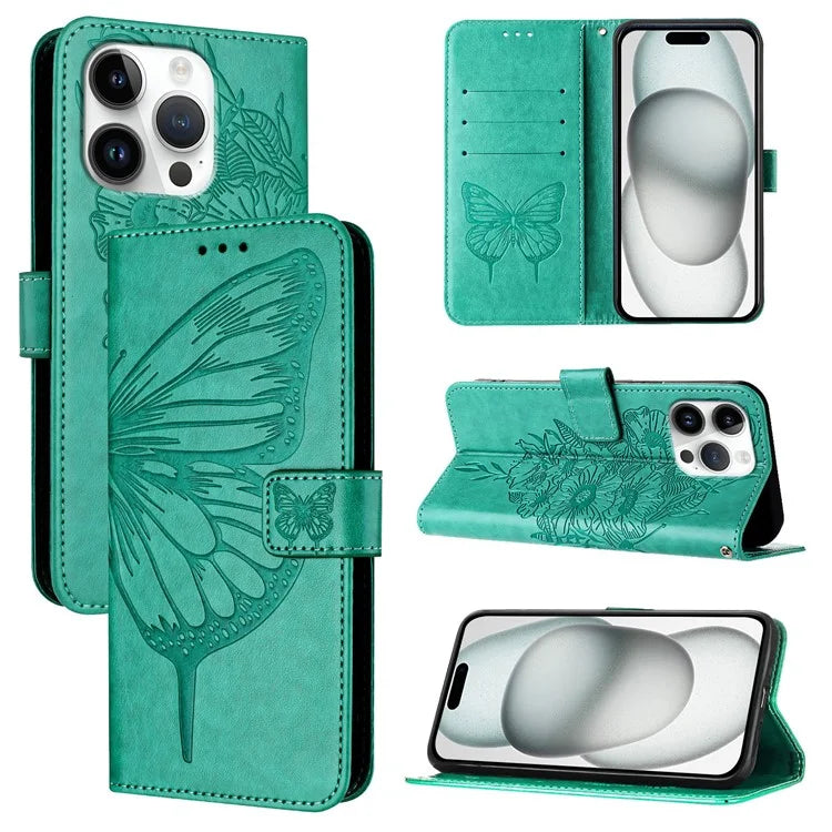 YB Imprinting Series-4 For iPhone 16 Pro Max Case Butterfly Flower Flip Wallet Leather Phone Cover