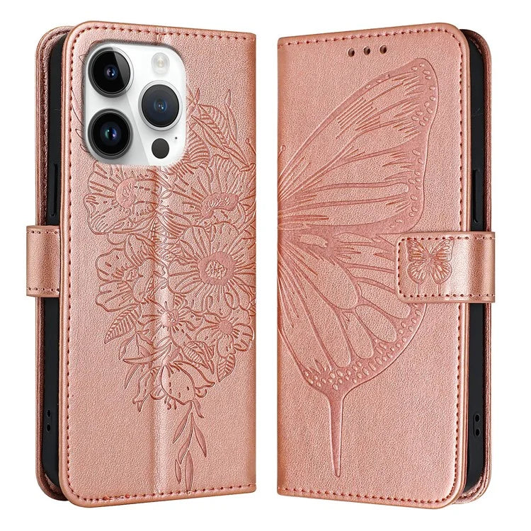 YB Imprinting Series-4 For iPhone 16 Pro Max Case Butterfly Flower Flip Wallet Leather Phone Cover