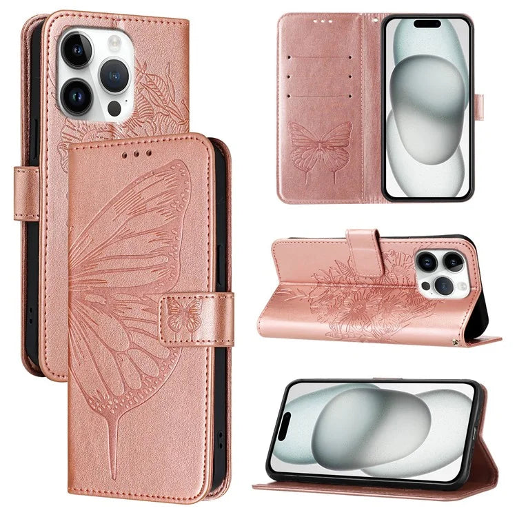 YB Imprinting Series-4 For iPhone 16 Pro Max Case Butterfly Flower Flip Wallet Leather Phone Cover