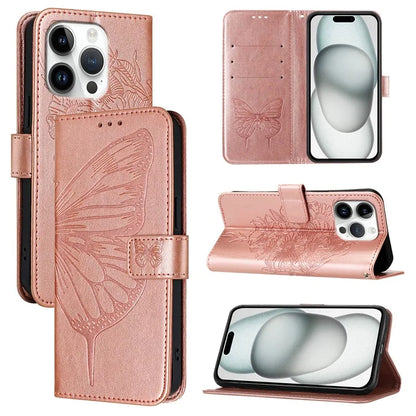 YB Imprinting Series-4 For iPhone 16 Pro Max Case Butterfly Flower Flip Wallet Leather Phone Cover