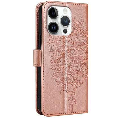 YB Imprinting Series-4 For iPhone 16 Pro Max Case Butterfly Flower Flip Wallet Leather Phone Cover