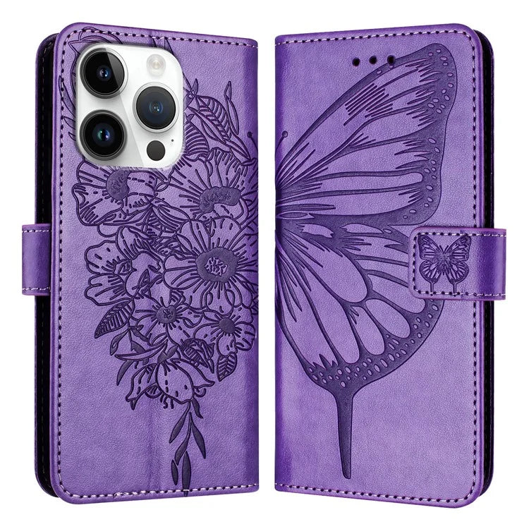 YB Imprinting Series-4 For iPhone 16 Pro Max Case Butterfly Flower Flip Wallet Leather Phone Cover
