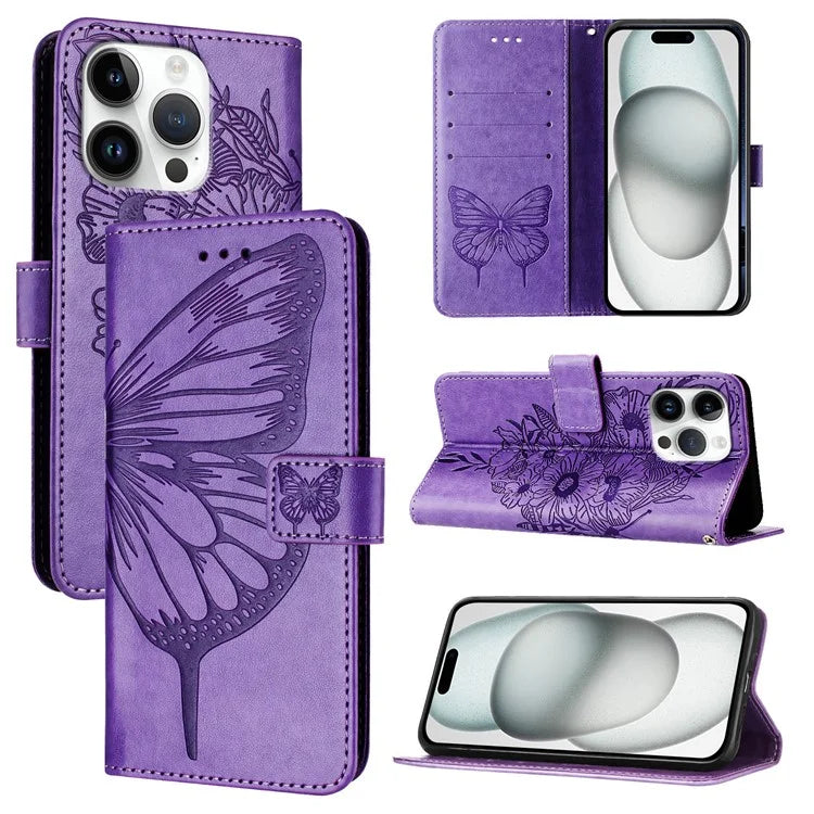 YB Imprinting Series-4 For iPhone 16 Pro Max Case Butterfly Flower Flip Wallet Leather Phone Cover