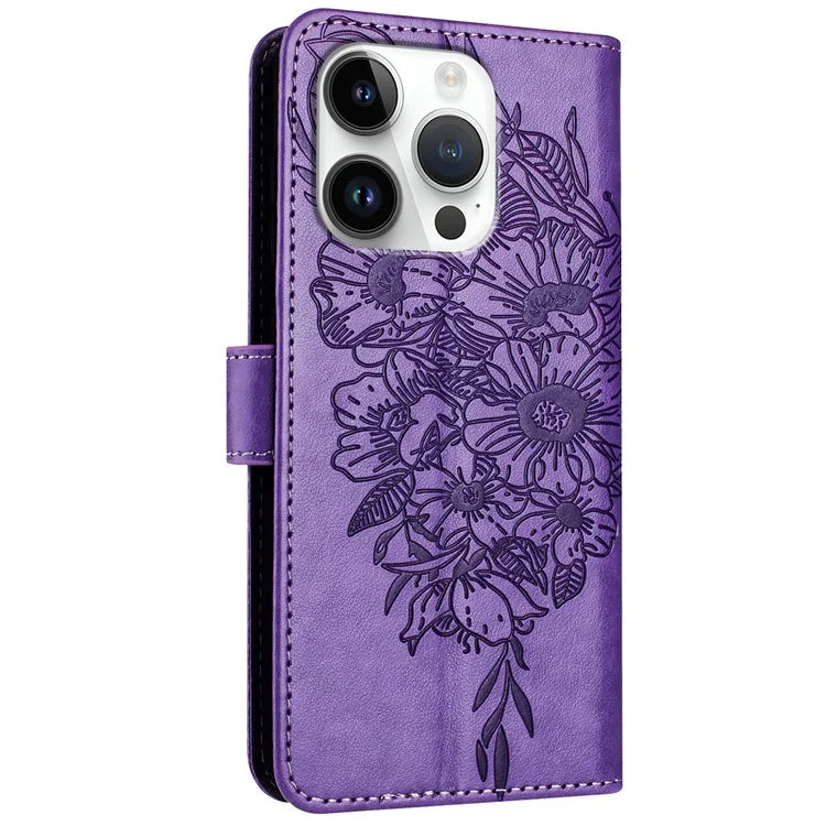 YB Imprinting Series-4 For iPhone 16 Pro Max Case Butterfly Flower Flip Wallet Leather Phone Cover
